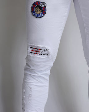 Trendy White Ripped Jeans with Badge