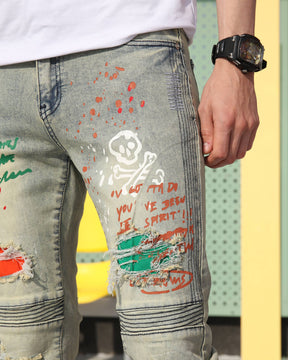 Hip-Hop Style Distressed Ripped Blue Jeans with Graffiti Style-Mexico Local Delivery