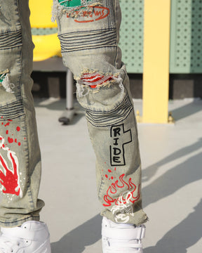 Hip-Hop Style Distressed Ripped Blue Jeans with Graffiti Style-Mexico Local Delivery
