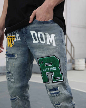 Jeans atrevidos lavados en azul roto con patchwork-Entrega local en México