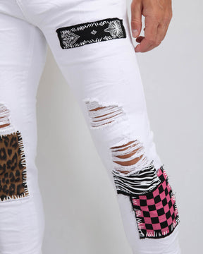 Ripped White Jeans with Leopard-Print & Pink Check Patches