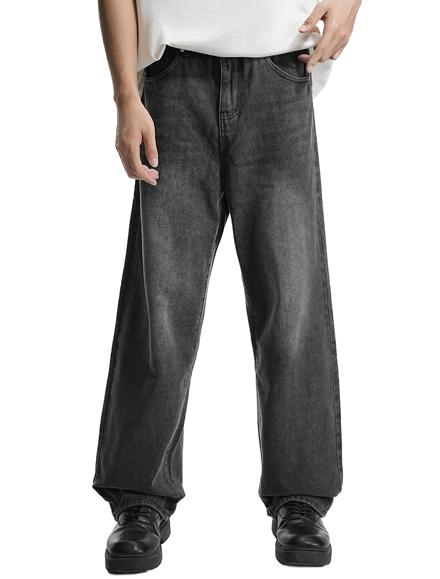LOGEQI Men’s Washed Black Loose Fit Jeans – Wide Leg Street Style Denim