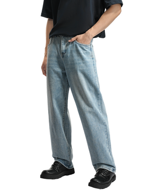 LOGEQI Men’s Loose Fit Light Blue Jeans – Casual Wide Leg Denim