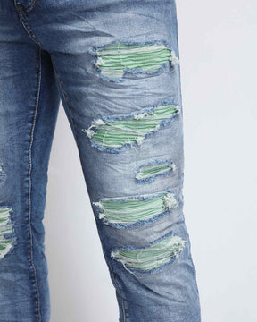 Large Ripped Blue Jeans with Green Patches