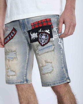 Distressed Denim Shorts with Gothic Skull Badge