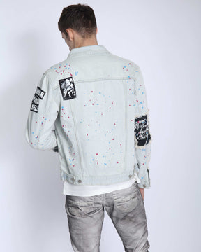Distressed Graffiti Blue Denim Jacket with Rip & Repair-Mexico Local Delivery
