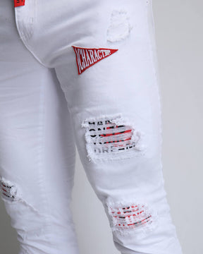 Trendy White Ripped Jeans with Badge