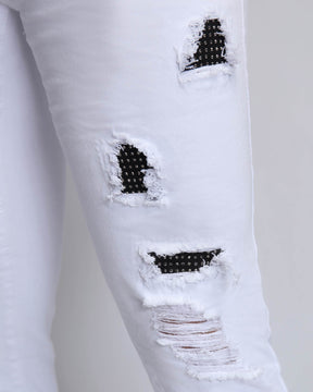 White Ripped Jeans with Dimond Patch
