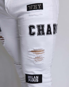 Skinny White Ripped Jeans with Letters Badge