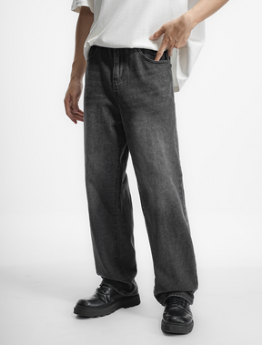 LOGEQI Men’s Washed Black Loose Fit Jeans – Wide Leg Street Style Denim