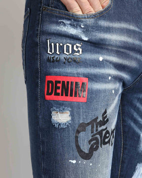 Dark Blue Ripped Jeans with Graffiti Printing
