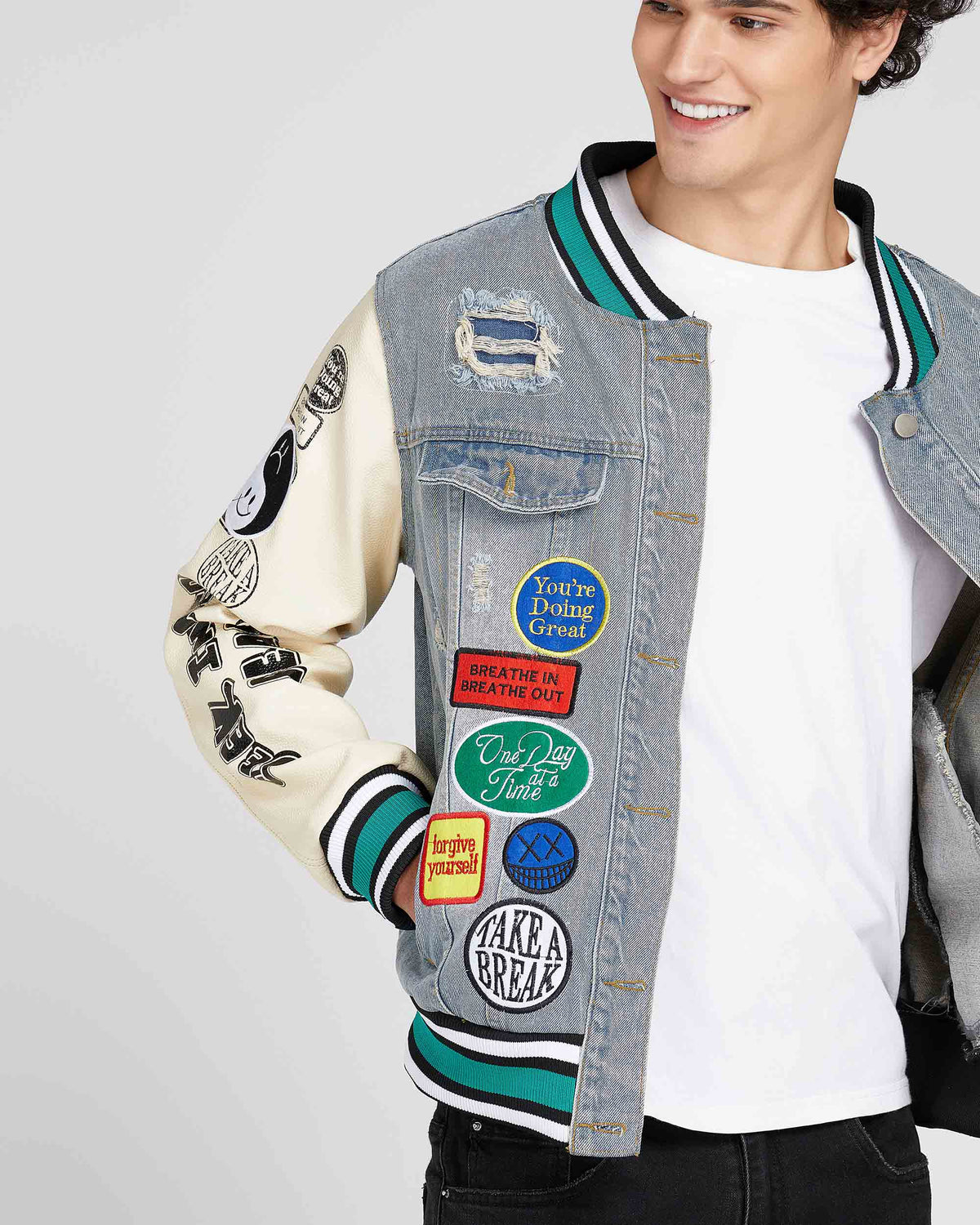 Cartoon Baseball Denim Jacket with Ripped & Repaired