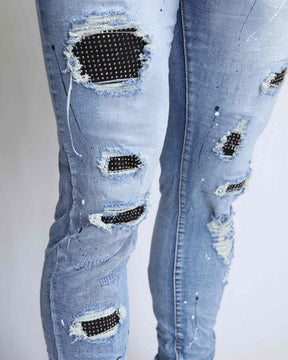 Durable Ripped Blue Jeans with Dimond Patch