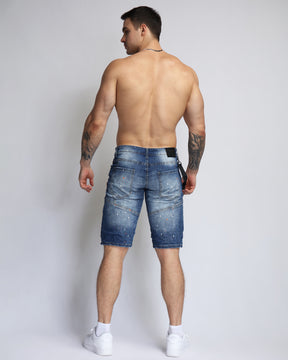 Ripped Blue Denim Shorts with Personality Badge in Medium Wash