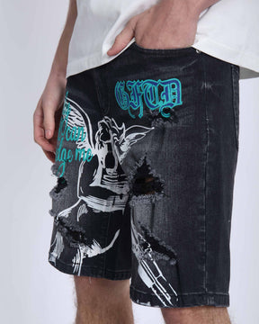 Black Ripped Denim Shorts: Street Art Vibes