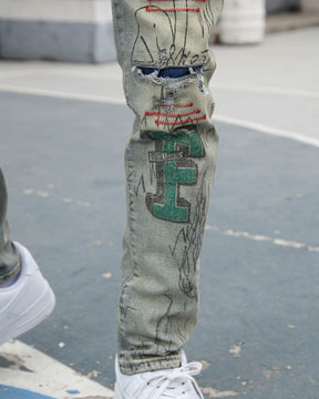 Detailing Graffiti Ripped Blue Washed Jeans-Mexico Local Delivery
