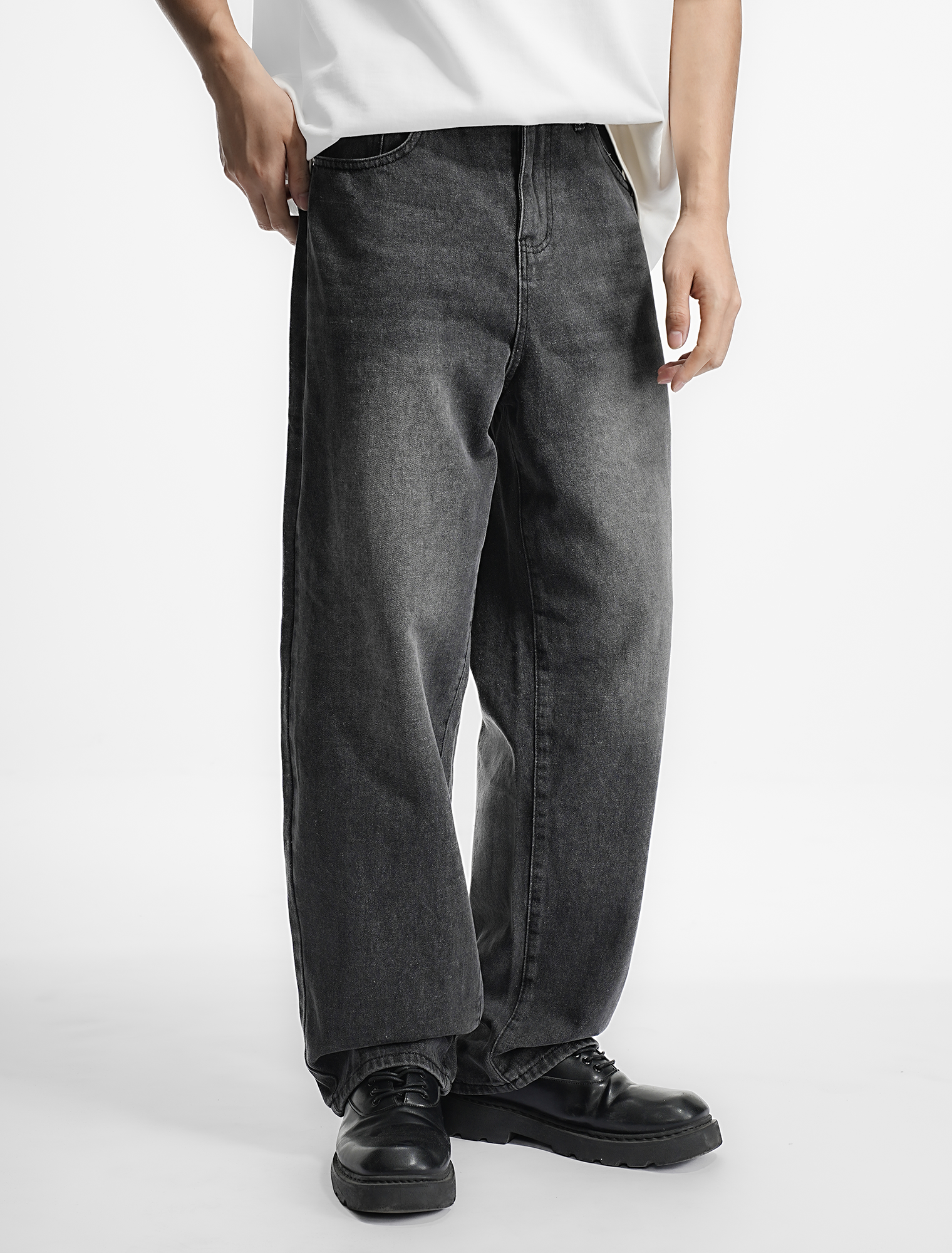 LOGEQI Men’s Washed Black Loose Fit Jeans – Wide Leg Street Style Denim