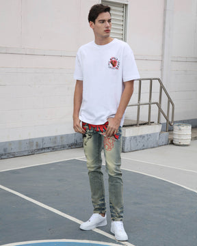 Vintage Slim Fit Straight Leg Distressed Blue Jeans with Painted Graffiti