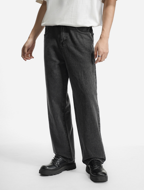 LOGEQI Men’s Washed Black Straight-Leg Jeans – Relaxed Fit Casual Denim Pants