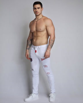 Trendy White Ripped Jeans with Badge