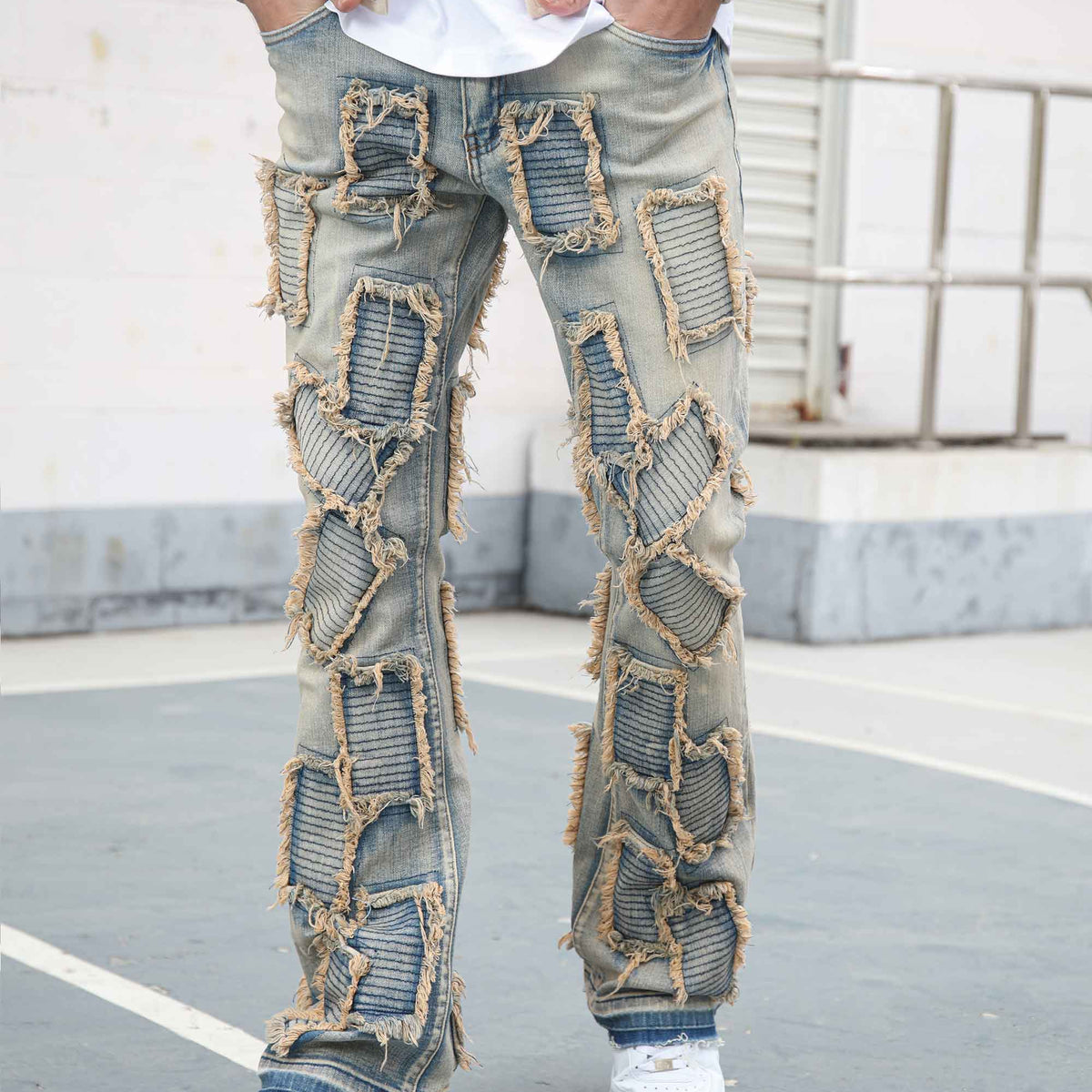 Shop Men's Vintage Blue Flared Jeans with Fringe Detailing | LOGEQI