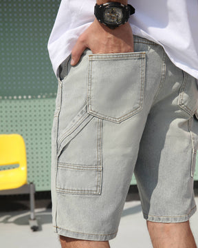 Showing the back pocket details and sleek stitching of LOGEQI's light blue denim jean shorts for men
