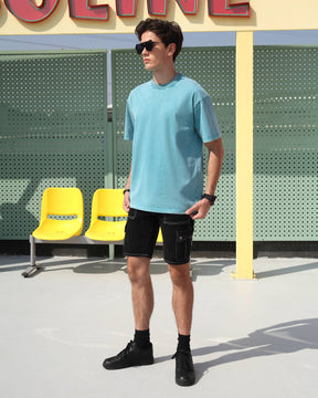 LOGEQI Contrast Stitch Denim Cargo Pocket Shorts in Black for Urban Outfit