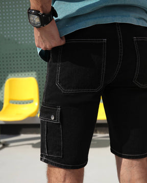 LOGEQI Contrast Stitch Denim Cargo Pocket Shorts in Black for Urban Outfit