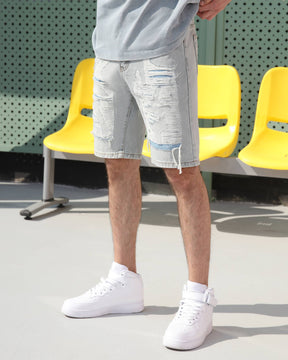 Cool Blue Distressed Denim Cargo Shorts with Frayed Patches