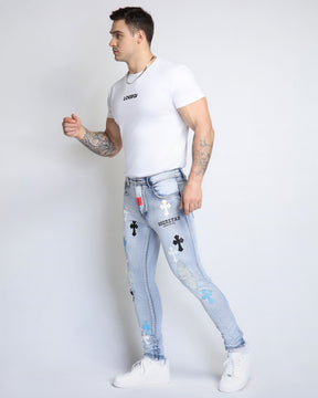 Trendy Distressed Blue Jeans with Ripped Knees & Patches