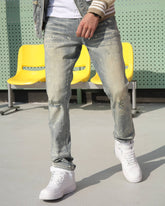 Distressed Blue Ripped Jeans with spray-painted-Mexico Local Delivery