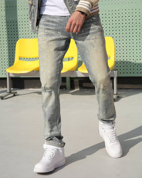 Distressed Blue Ripped Jeans with spray-painted-Mexico Local Delivery