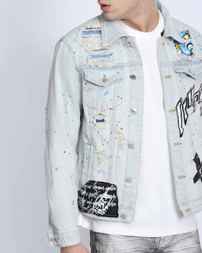 Distressed Graffiti Blue Denim Jacket with Rip & Repair-Mexico Local Delivery