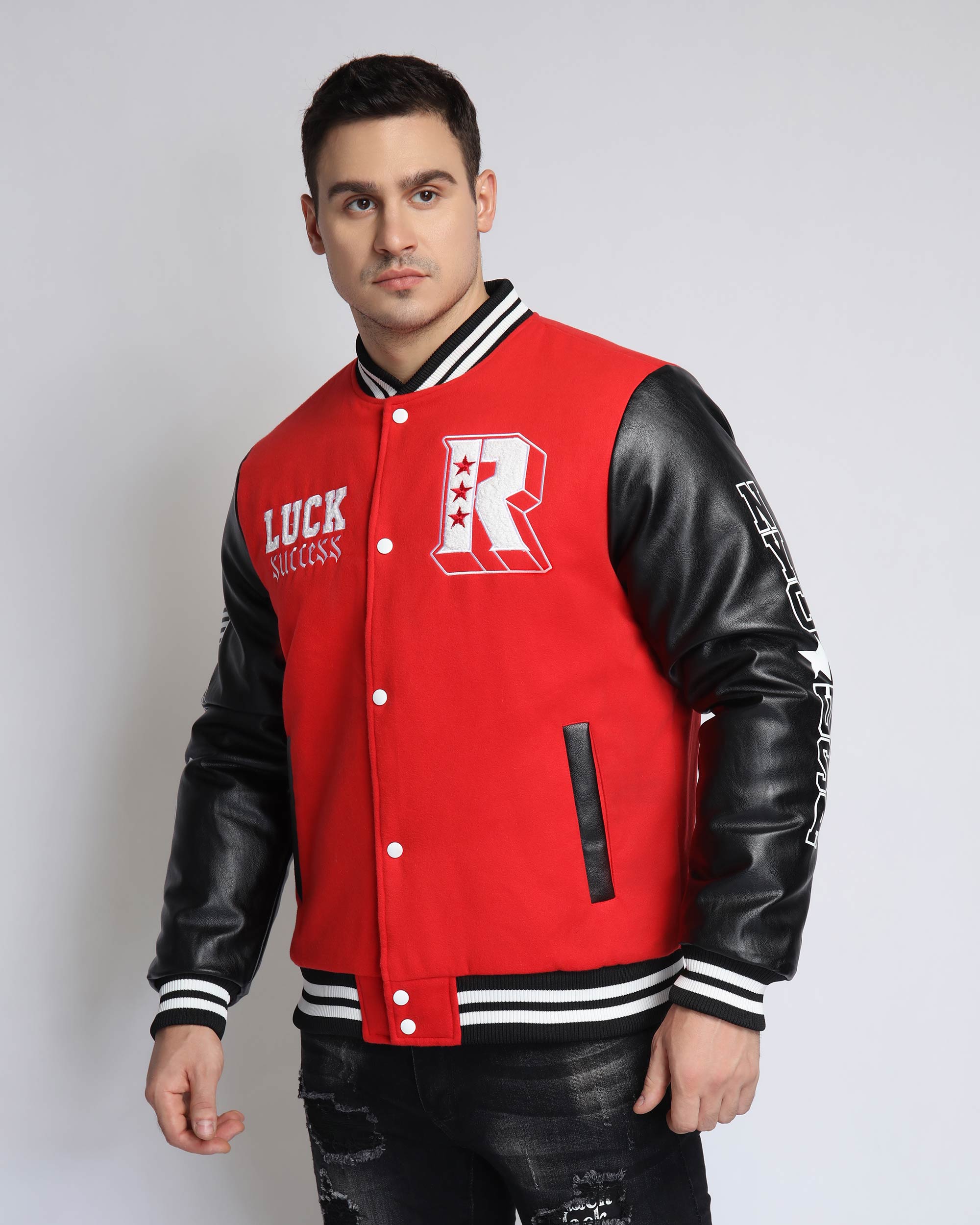 Sophisticated Style Men's Baseball Jacket with Faux Leather Sleeves