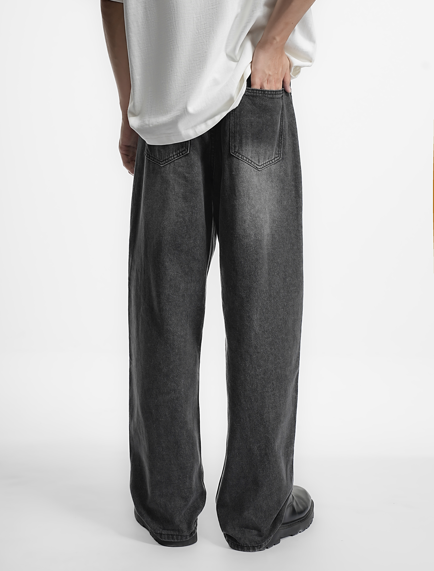 LOGEQI Men’s Washed Black Loose Fit Jeans – Wide Leg Street Style Denim