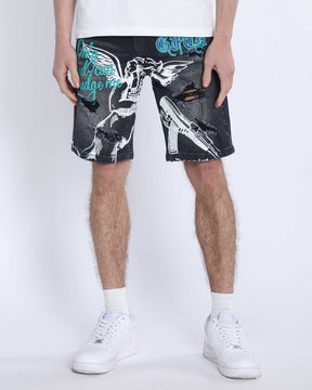Black Ripped Denim Shorts: Street Art Vibes