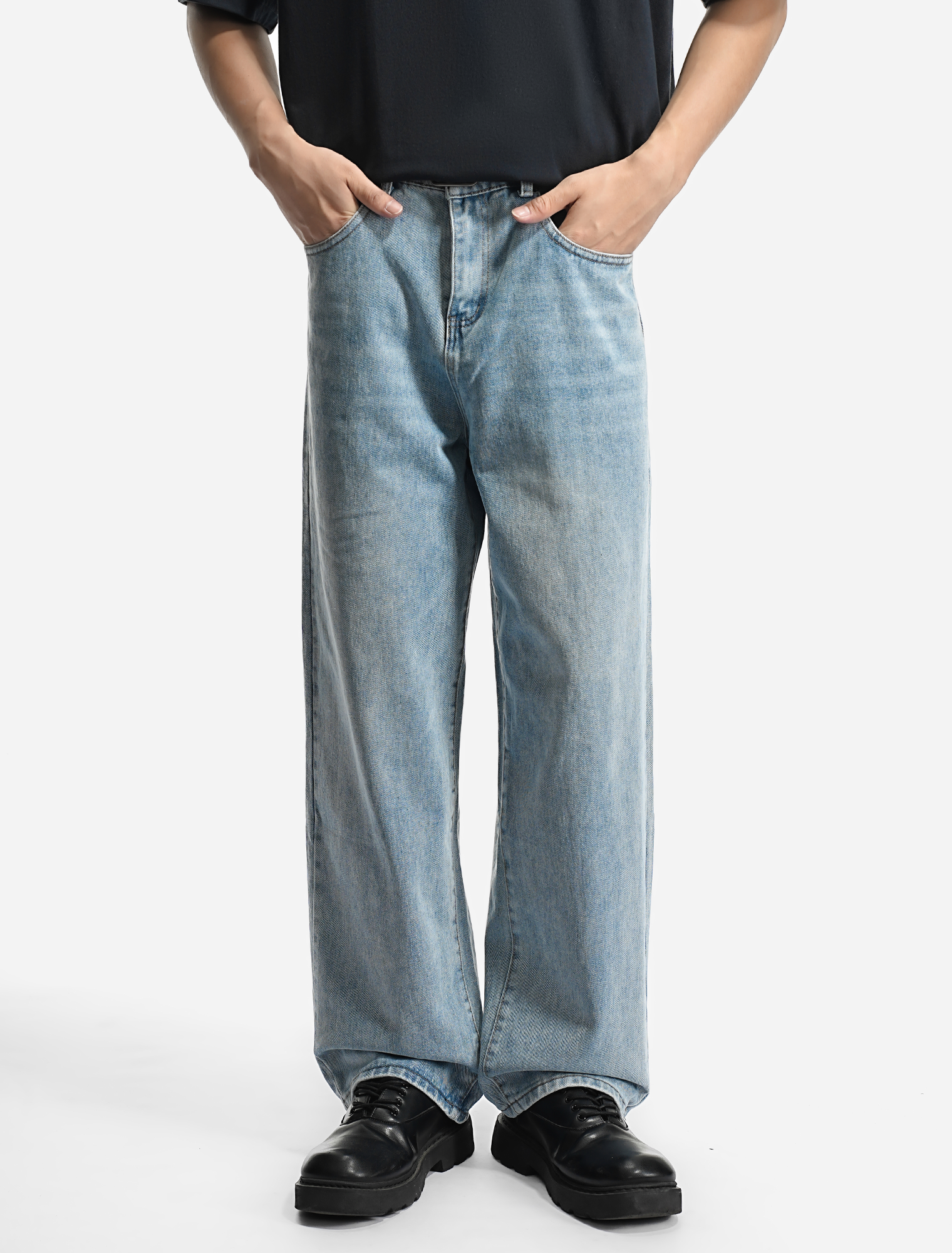 LOGEQI Men’s Loose Fit Light Blue Jeans – Casual Wide Leg Denim