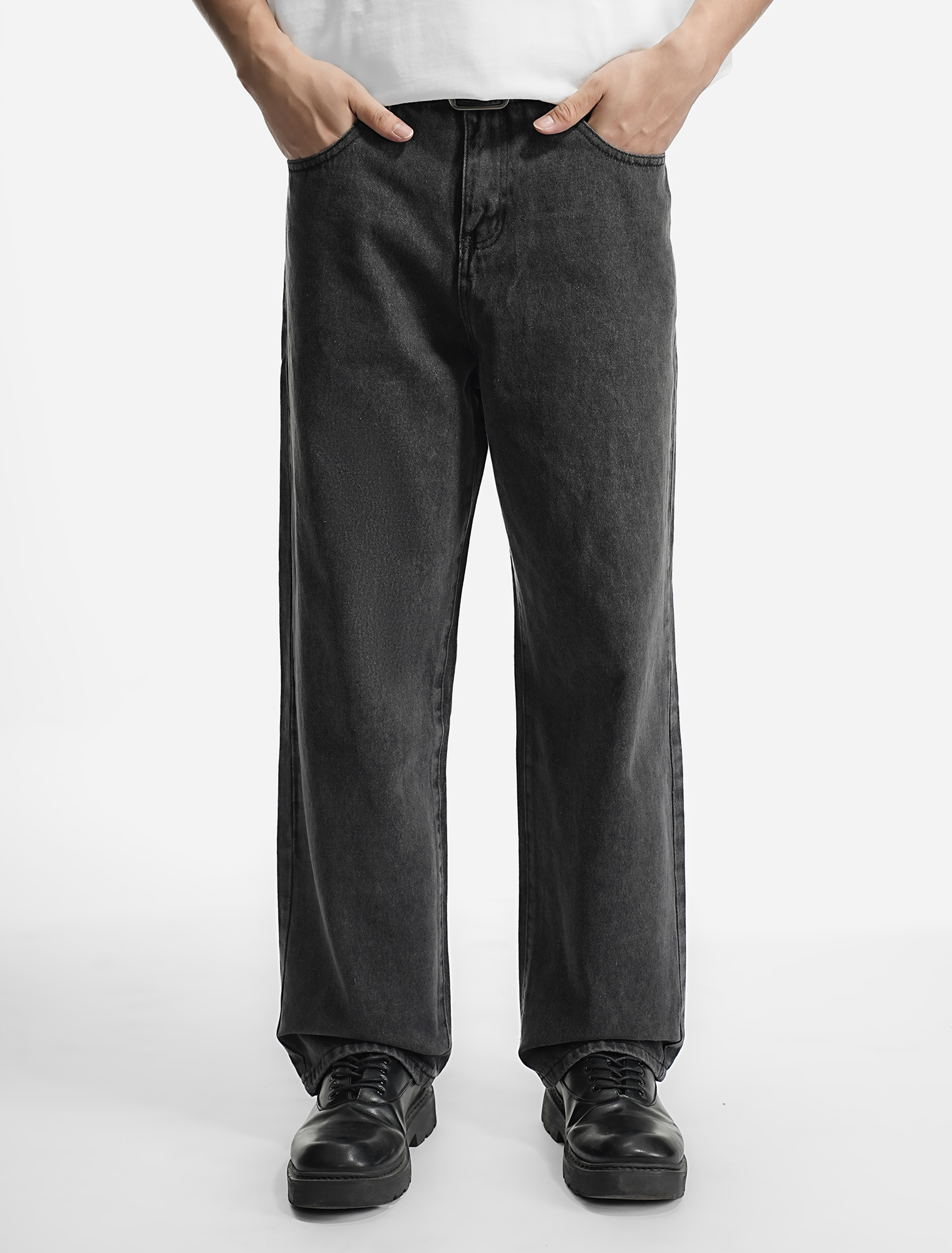 LOGEQI Men’s Washed Black Straight-Leg Jeans – Relaxed Fit Casual Denim Pants