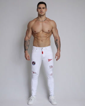 Trendy White Ripped Jeans with Badge