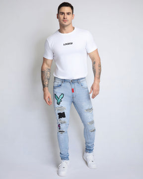 Distressed Blue Ripped Jeans with Exquisite Embroidery