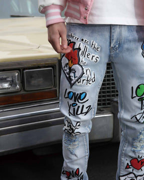Medium Wash Slim Fit Blue Graffiti Painted Ripped Jeans