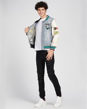 Cartoon Baseball Denim Jacket with Ripped & Repaired