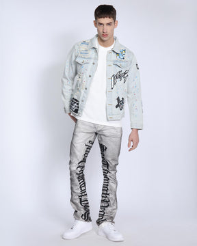 Distressed Graffiti Blue Denim Jacket with Rip & Repair-Mexico Local Delivery