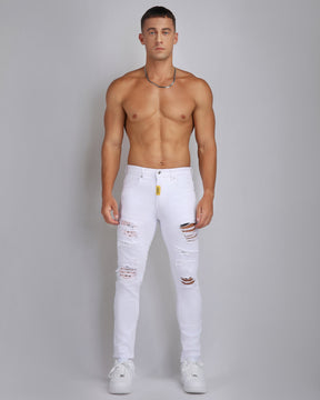 Irregular Ripped White Jeans with Pink Patches