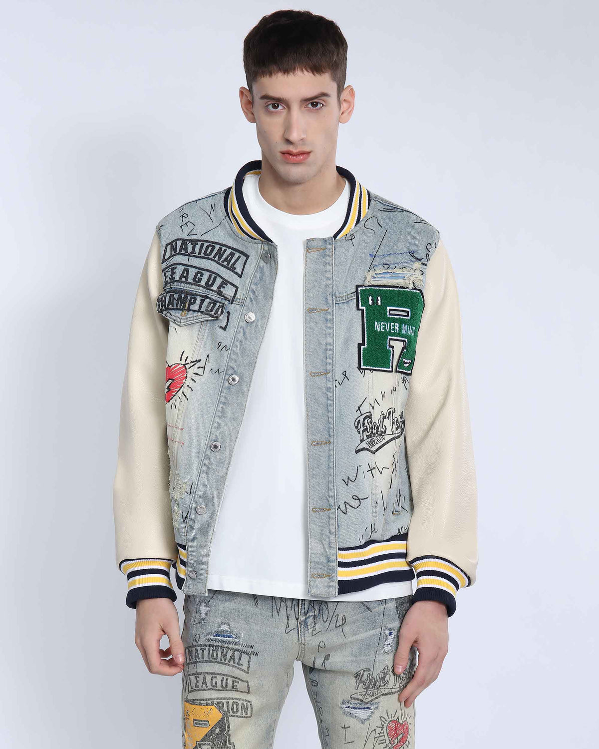 Retro Baseball Denim Jacket with Distressed Details