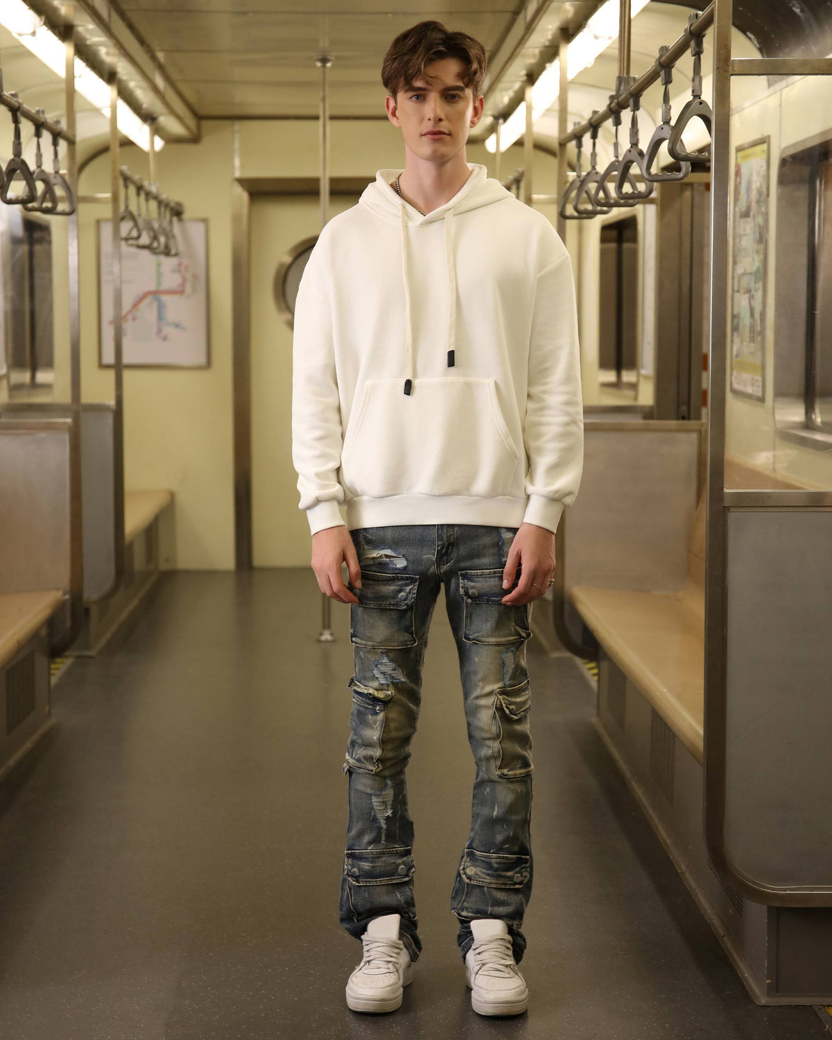 Dark Wash Distressed Blue Straight Leg Cargo Jeans