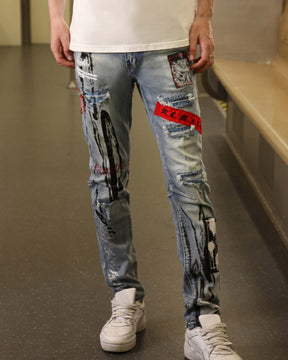 Logeqi Medium Wash Blue Ripped Jeans with Gothic Flair
