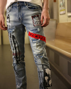 Logeqi Medium Wash Blue Ripped Jeans with Gothic Flair