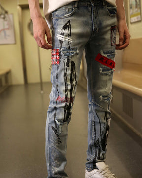 Logeqi Medium Wash Blue Ripped Jeans with Gothic Flair