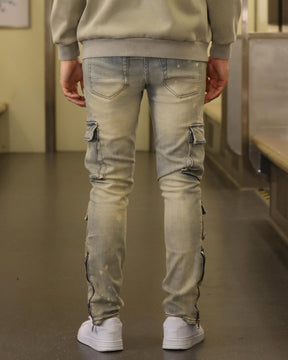 LOGEQI Spray-Painted Distressed Blue Jeans with Cargo Pockets